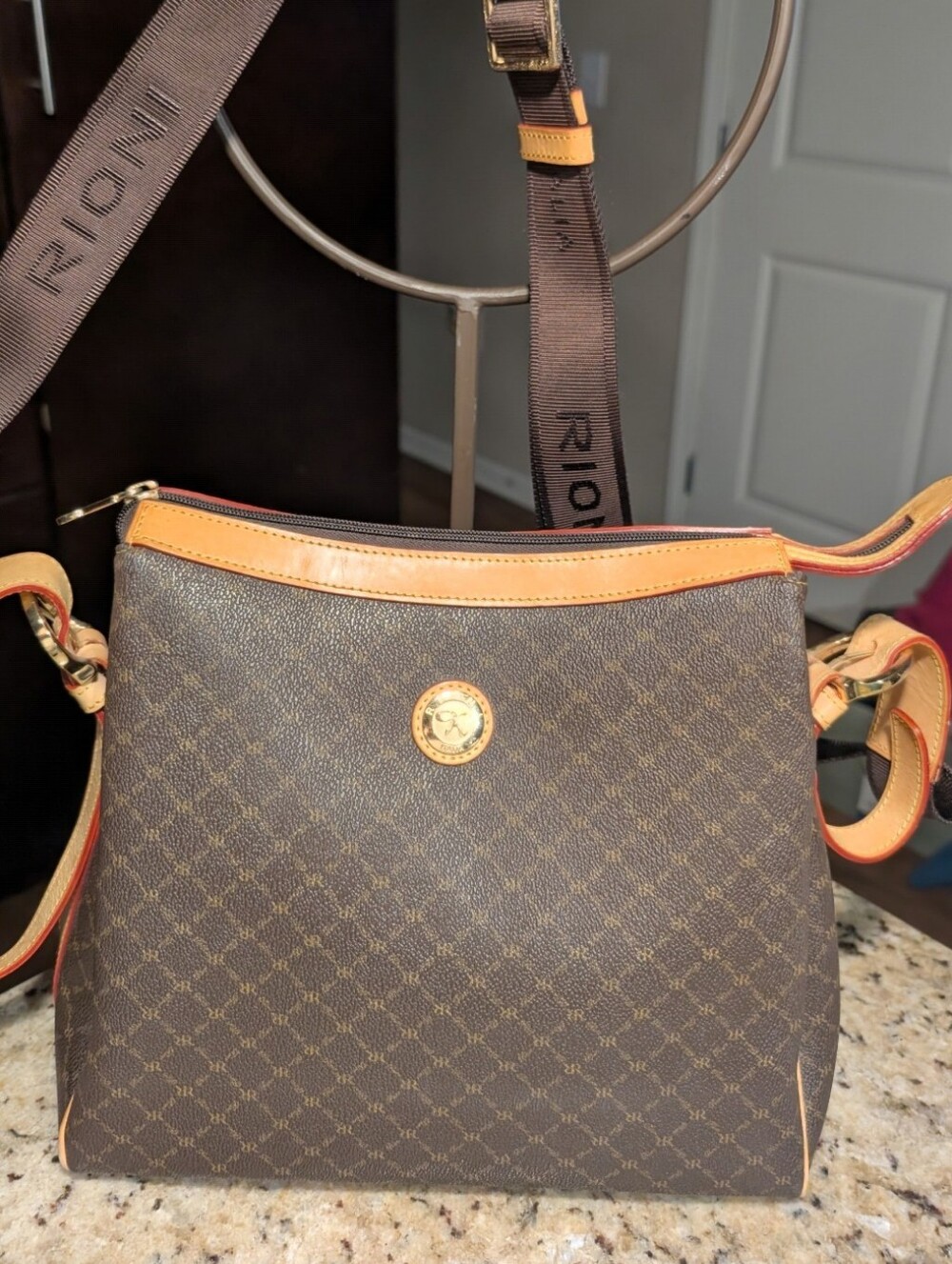 Rioni Signature Brown Monogram Messenger Bag Leather Accents Italian Crossbody